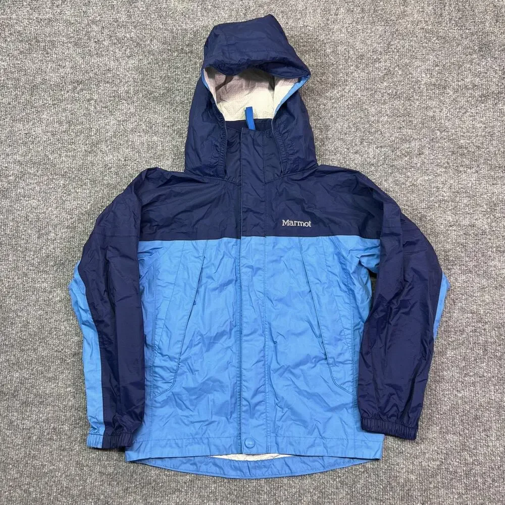Marmot Jacket Kids XS Blue Colorblock Hooded Rain Coat Nylon Shell Lightweight